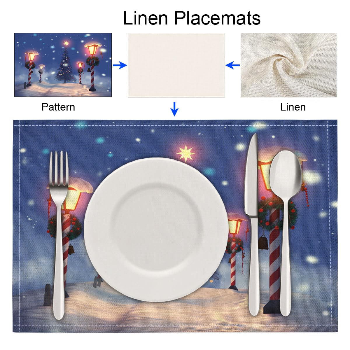 8 Tovagliette Colazione Stoffa 45 x 30 cm,Vista Notturna Albero Di Natale Tovagliette Americane Lavabili, Placemats Fumetto Strada per Primavera Vacanze Cucina Feste, Pasqua
