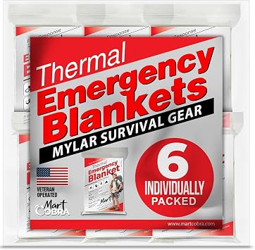 Emergency Blankets for Survival Gear and Equipment x6, Space Blanket, Mylar Blankets, Thermal Blanket, Survival Blanket, Survival Kits Emergency Kit, Emergency Supplies, Foil Blanket Camping Shelter