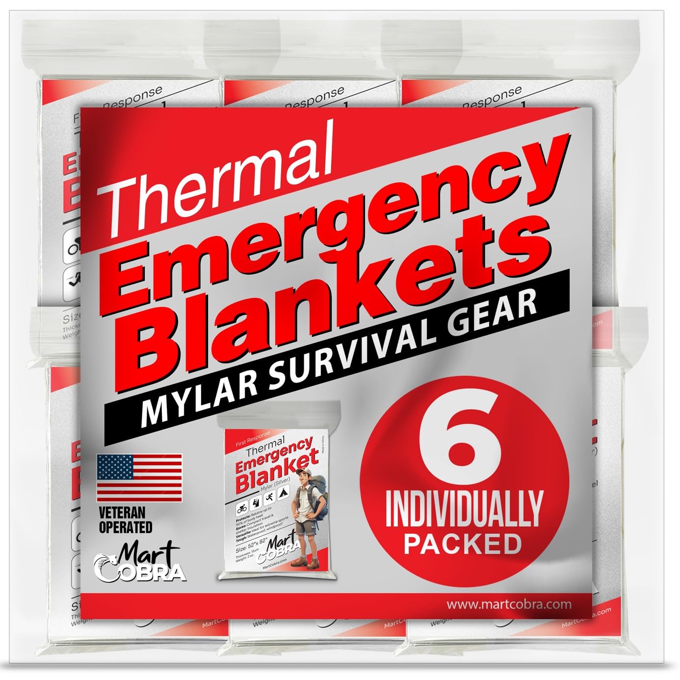 Emergency Blankets for Survival Gear and Equipment x6, Space Blanket, Mylar Blankets, Thermal Blanket, Survival Blanket, Survival Kits Emergency Kit, Emergency Supplies, Foil Blanket Camping Shelter