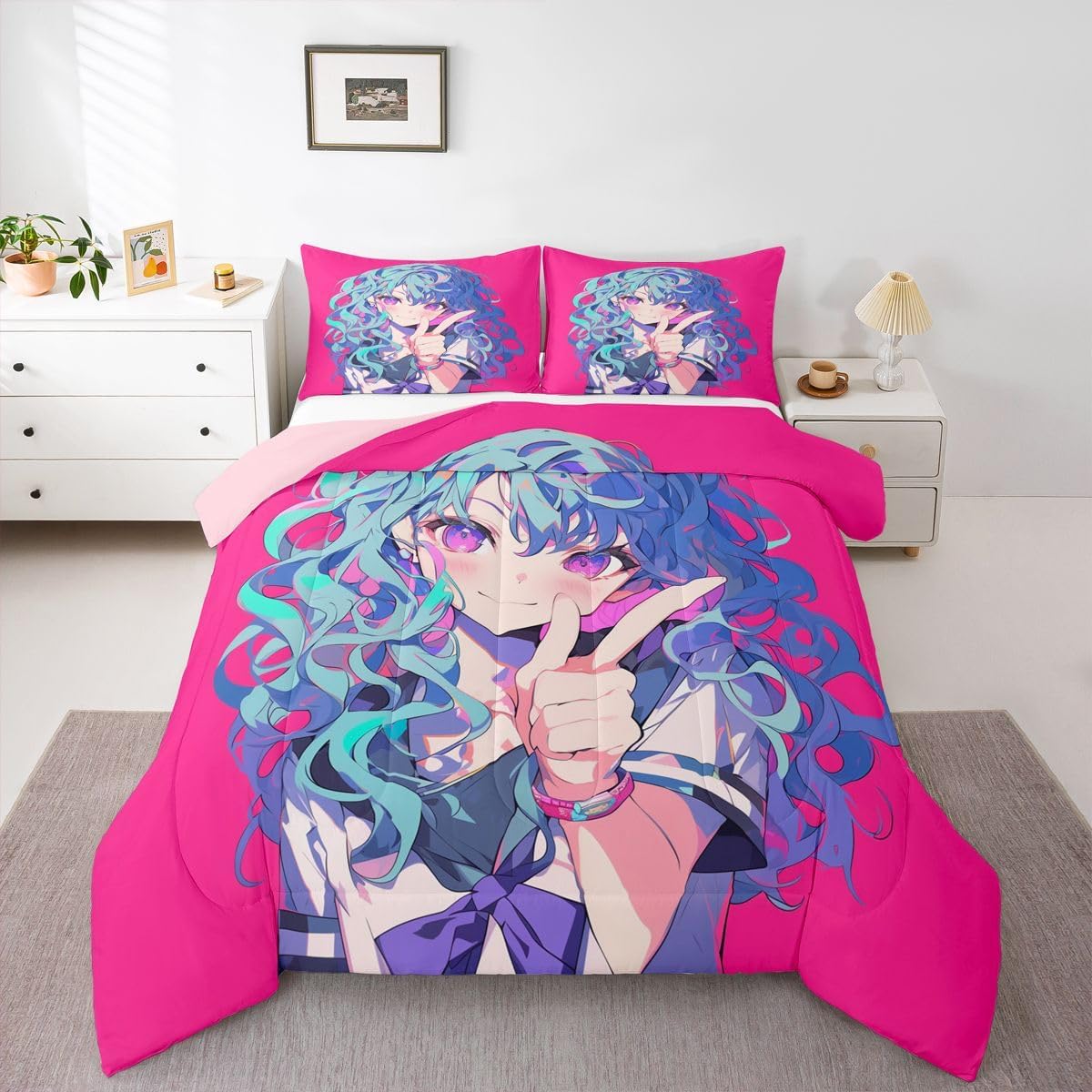 Erosebridal Kawaii Japanese Girl Comforter Set Queen, Anime Gifts Bedding in Kimono Japanese Style Bedding Sets for Room Aesthetic Cool Anime Modern Art Duvet Set for Guys Bedroom Kawaii Room Decor