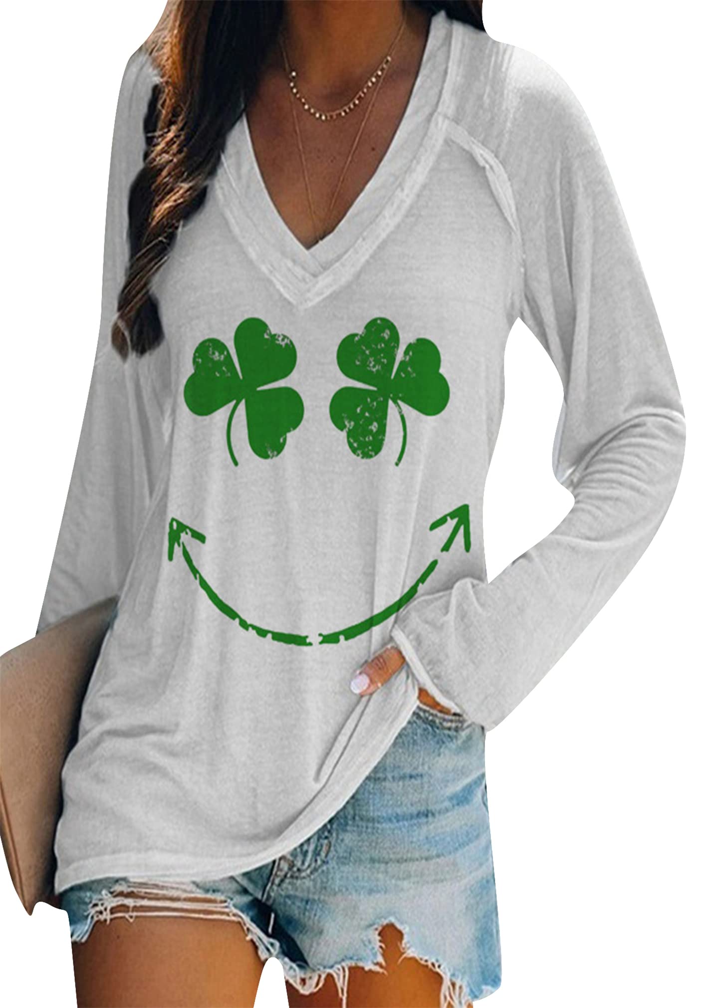 BOFETA Women St Patricks Day Sweatshirts Loose Long Sleeve Shirts Green Shamrock Print Blouse Flowy Color Block Pullover Tops