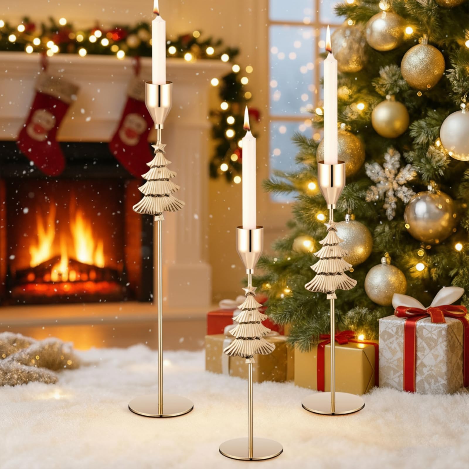 Ziliny 6 portavelas de metal dorado para árbol de Navidad, portavelas alto para Navidad, boda, inauguración de la casa, mesa de repisa, centro de mesa decorativo, 3 tamaños