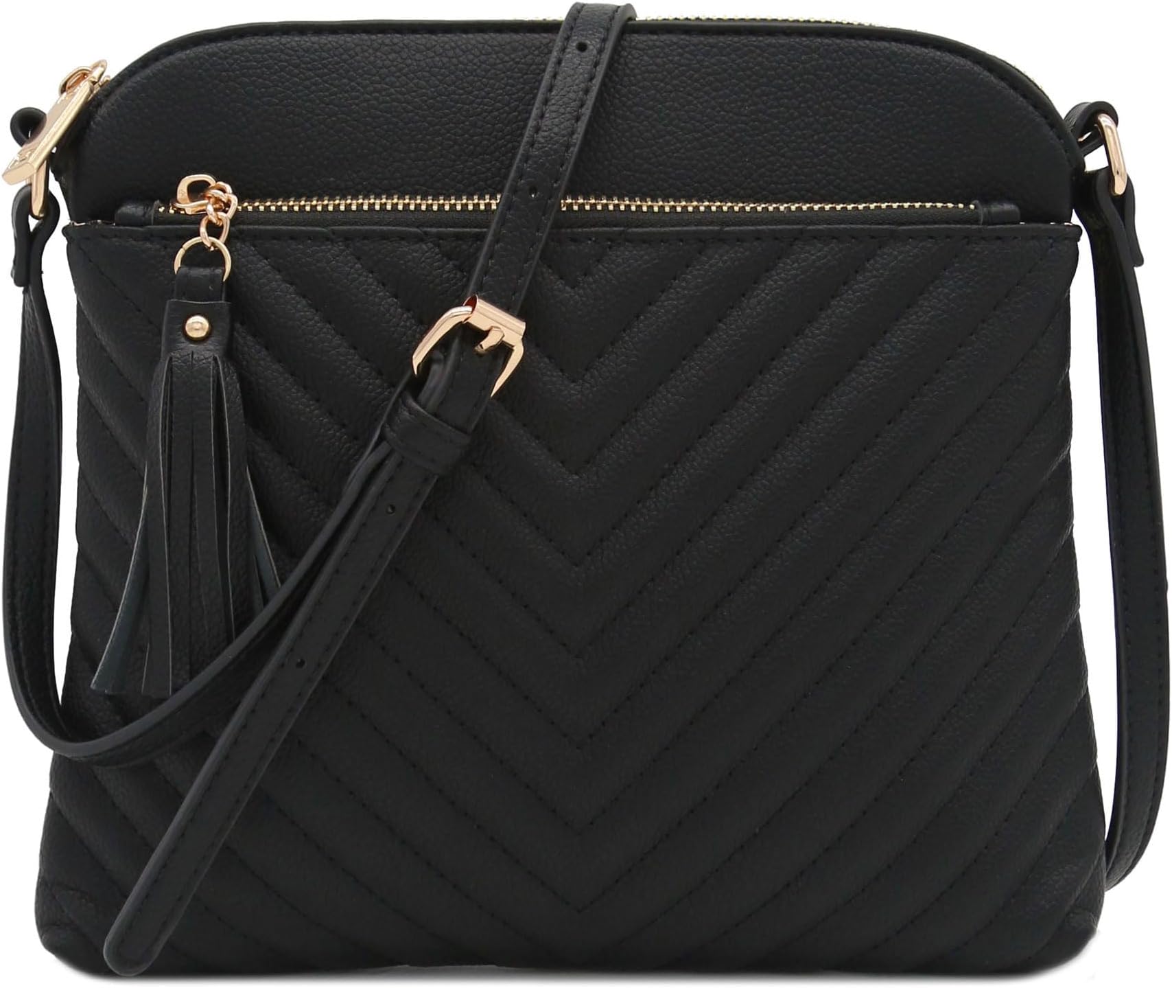 Chevron Quilted Medium Crossbody Bag with Tassel Accent