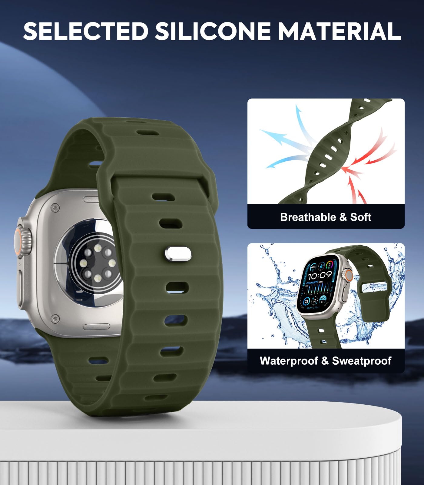MoKo Ocean Band Compatible with Apple Watch Ultra 3/2/1 49mm,S11/S10 46mm,9/8/7 45mm,SE3/SE2/SE/6/5/4 44mm,3/2/1 42mm,Silicone Replacement Strap Wrist Band for Men Women Army Green - Image 4