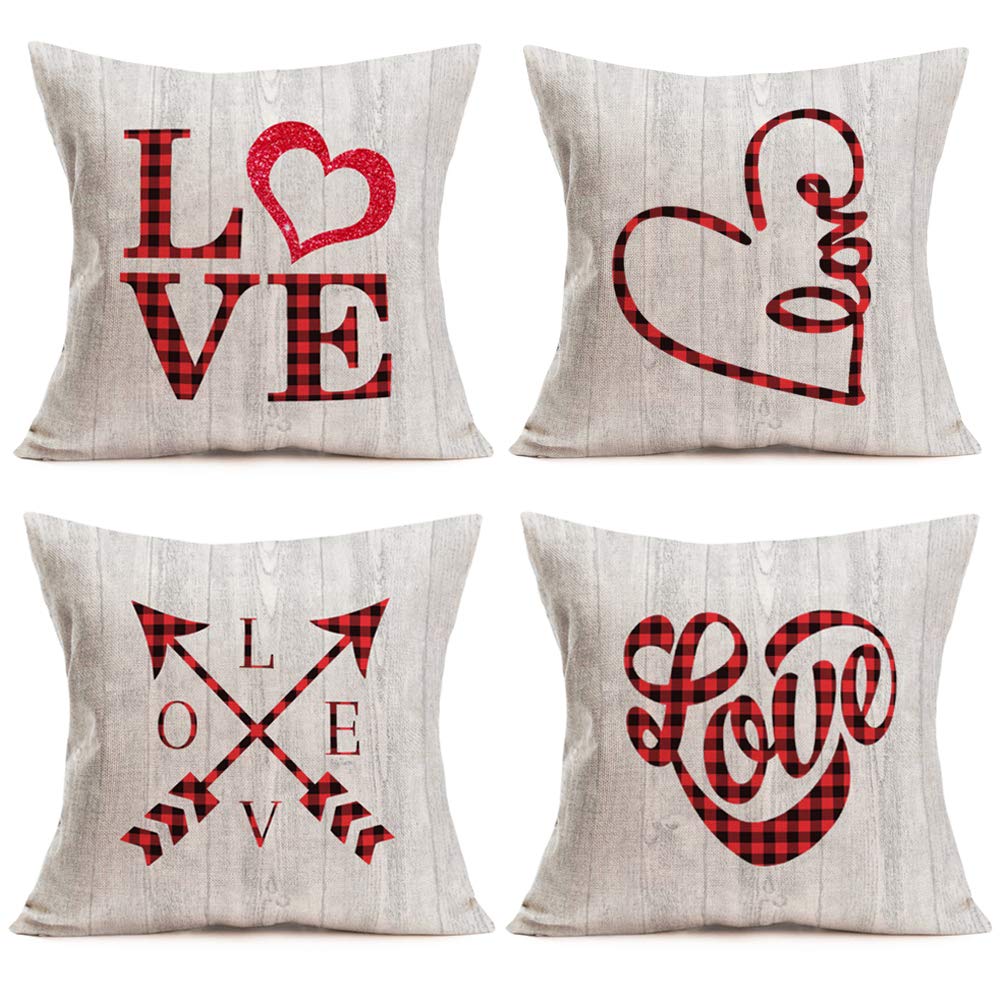 Smilyard Valentines Day Pillow Covers Set of 4 for Wood Red Black Buffalo Plaid Heart Love Arrow Decor Valentines Day Throw Pillows Decorative Cushion Case Valentine Decoration 18"x18" (Wood Love Set)