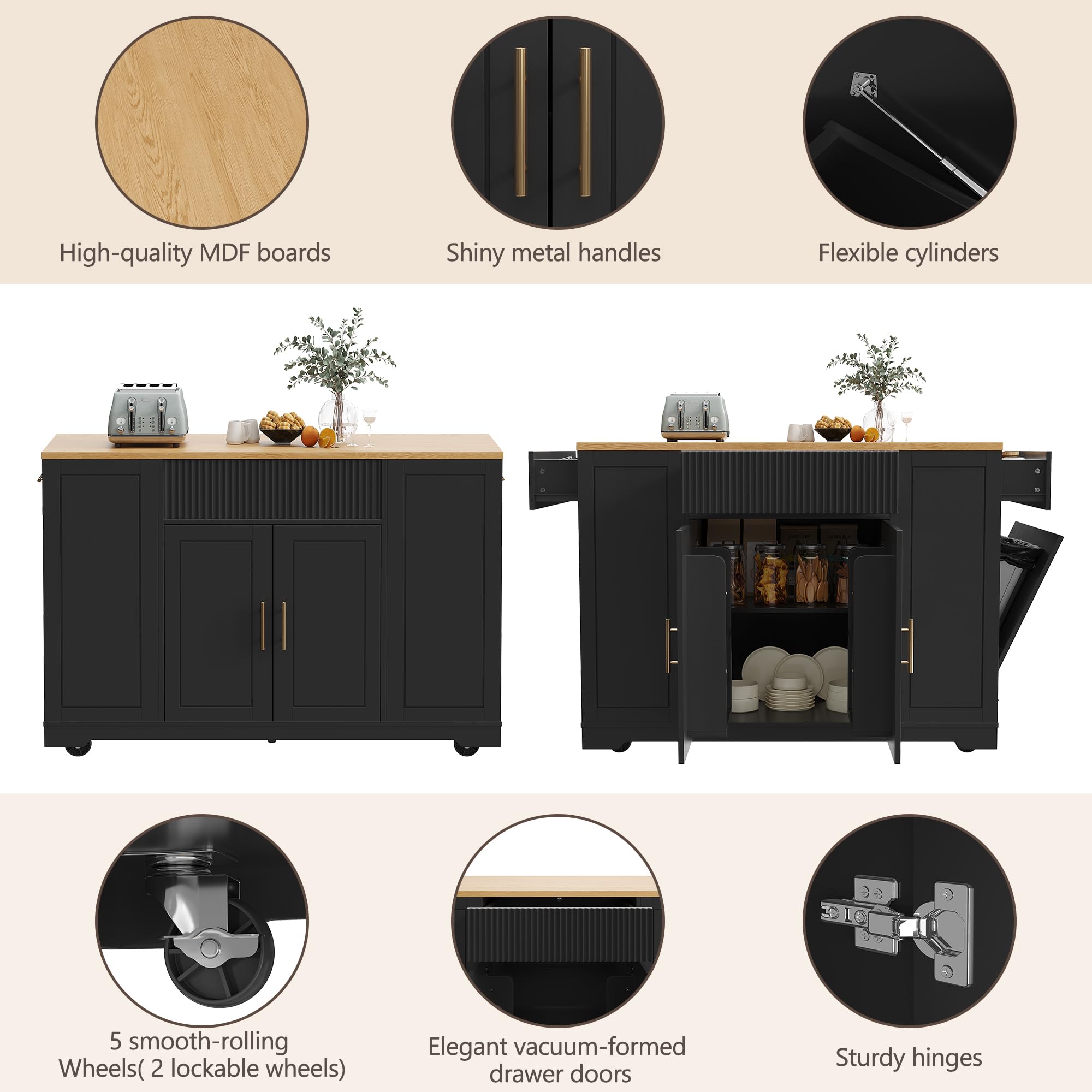 Isola da Cucina, Armadio da Cucina, 120 x 50 x 92 cm, Carrello di Servizio, con Scomparto per Pattumiera, Ripiani Regolabili, Due Ante e TRE Cassetti (Nero)