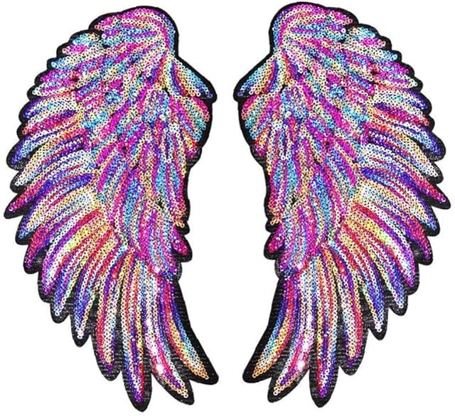 2pcs Rainbow Angel Wings Sequins Patches Iron On Sewing Patches Embroidered Badges For Clothes DIY Appliques