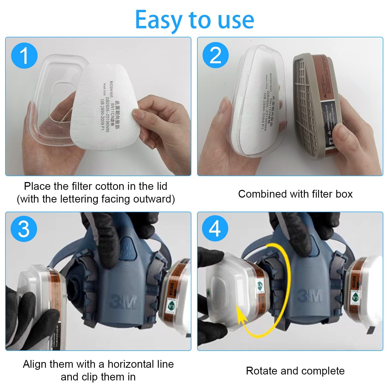 Kit d'Accessoires Filtrants 6001 pour une Protection Faciale Optimale - Filtre Respiratoire avec 80 Cotons Filtrants, 4 Cartouches Filtrantes et 4 Couvercles - Compatible avec 6001/6200/7501/7502/6800