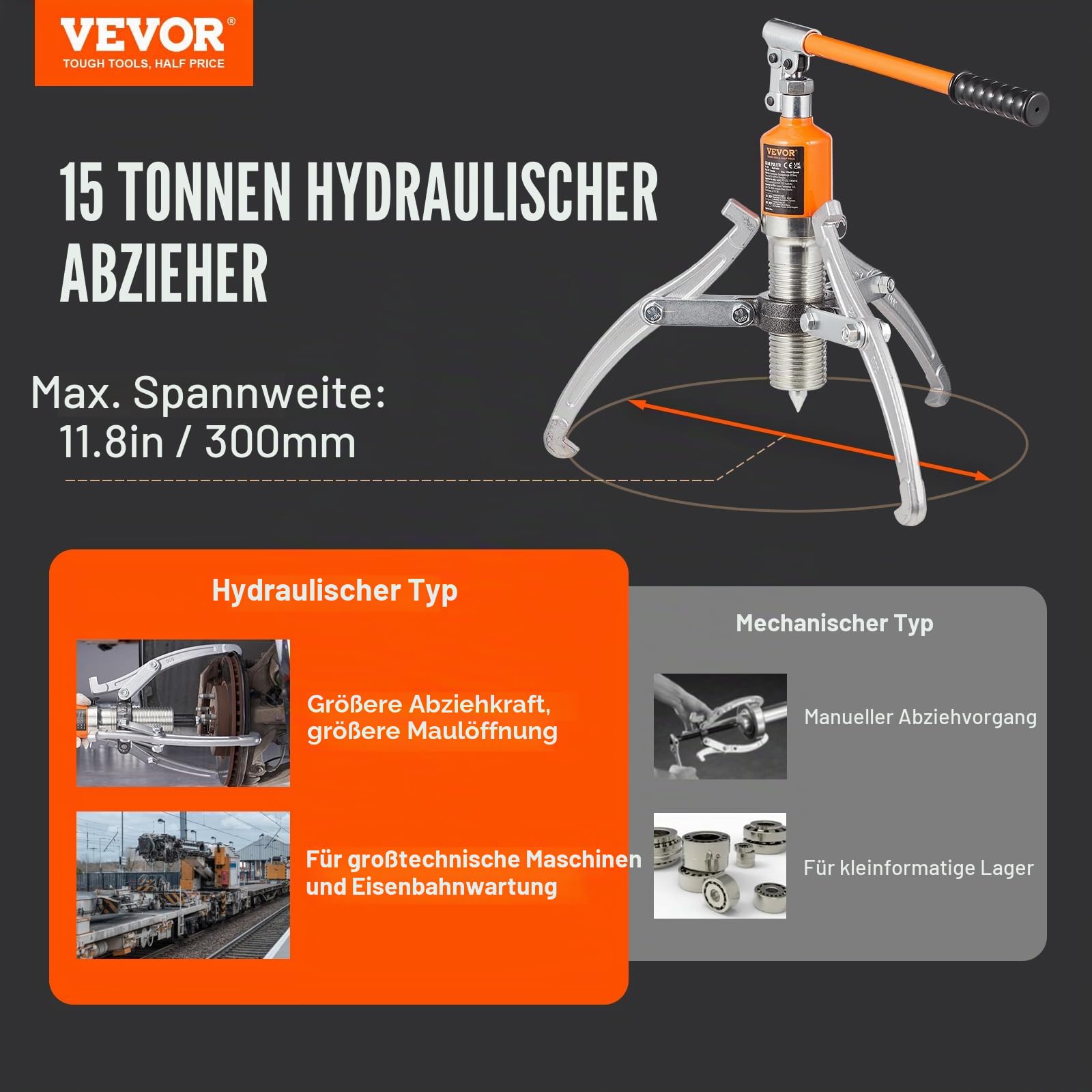 VEVOR Abzieher Werkzeug Lagerabzieher 15 t, Zweibacken & Dreibacken Kugellager Abzieher Innen Außen 304,8 mm Max. Spreizung, Parallelabzieher Lagerabzieher Set Kfz Abzieher Werkzeug Hydraulisch