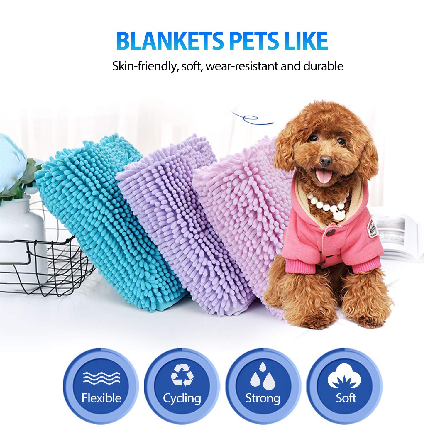 PETCUTE Toalla Ultra Absorbente para Perro Toalla de Microfibra para Mascotas con Bolsillos de Mano para Limpieza de Baño de Perro o Gato(Cian L-35x80cm)