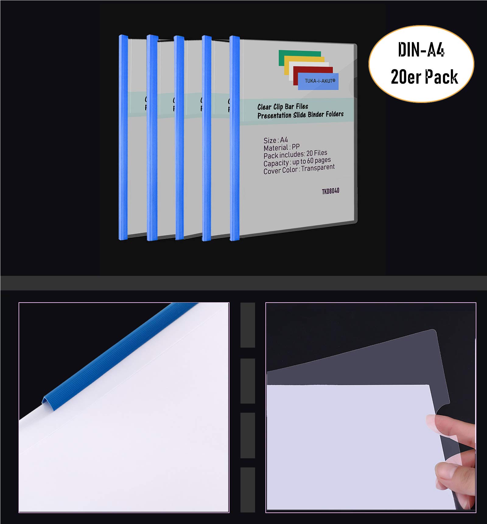 TUKA-i-AKUT 20pz PP Cartelline con Clip, 50 Fogli A4 Formato, Raccoglitore con Clip, Cartella di Serraggio in Materiale PP per Casa, Scuola, Ufficio. Traslucido, Confezione da 20, TKD8040-20x