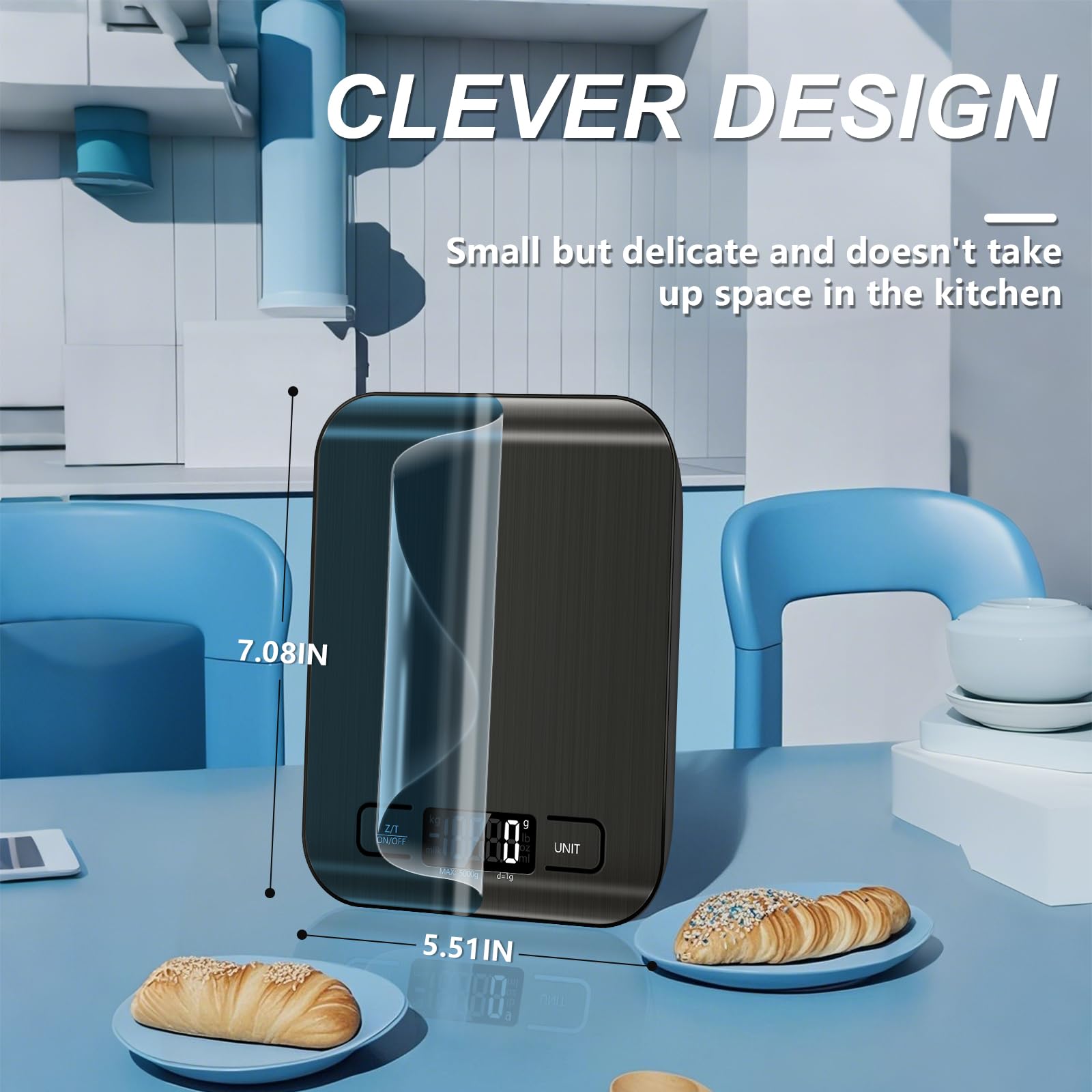 Bilancia da cucina da 5 kg, con 6 funzioni tara e display LCD, 1 g, in acciaio inox, bilancia digitale per alimenti, per cuocere al forno, cucinare, dieta e preparazione dei pasti (nero)