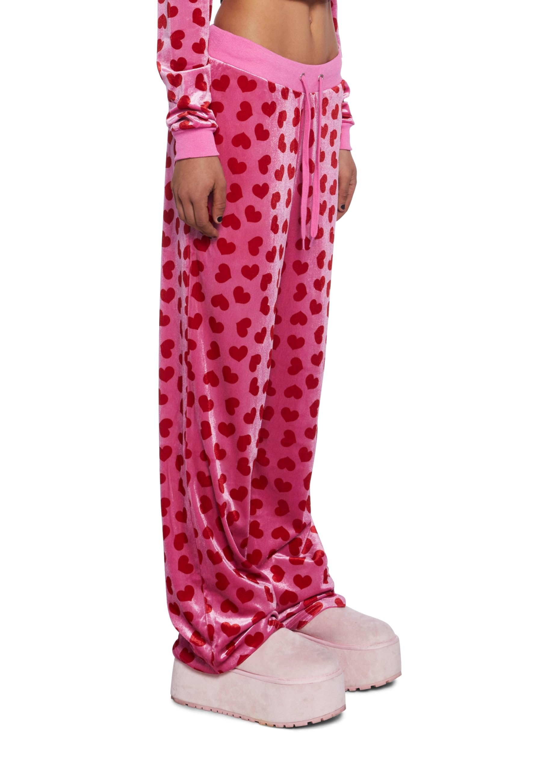 Dolls Kill Loyal Maneater Velour Track Pants by Sugar Thrillz – Heart Print Sweatpants with Flared Bottom & Drawstring Waist: X-Small Pink