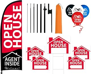 8.2 ft Open House Flags Signs for Real Estate Agents Advertising Supplies, Feather Flag with Pole Kit & Ground Stake 5 Yard Sign Banner 30 Balloons Flagpole Posts for Businesses Outside Red