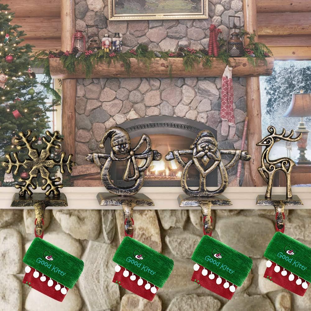ODOMY 4 Pcs Christmas Stocking Holders Set for Fireplace Mantle Metal Snowman Reindeer Santa Snowflake Free Standing Stocking Hook Hangers Indoor Vintage Christmas Décor