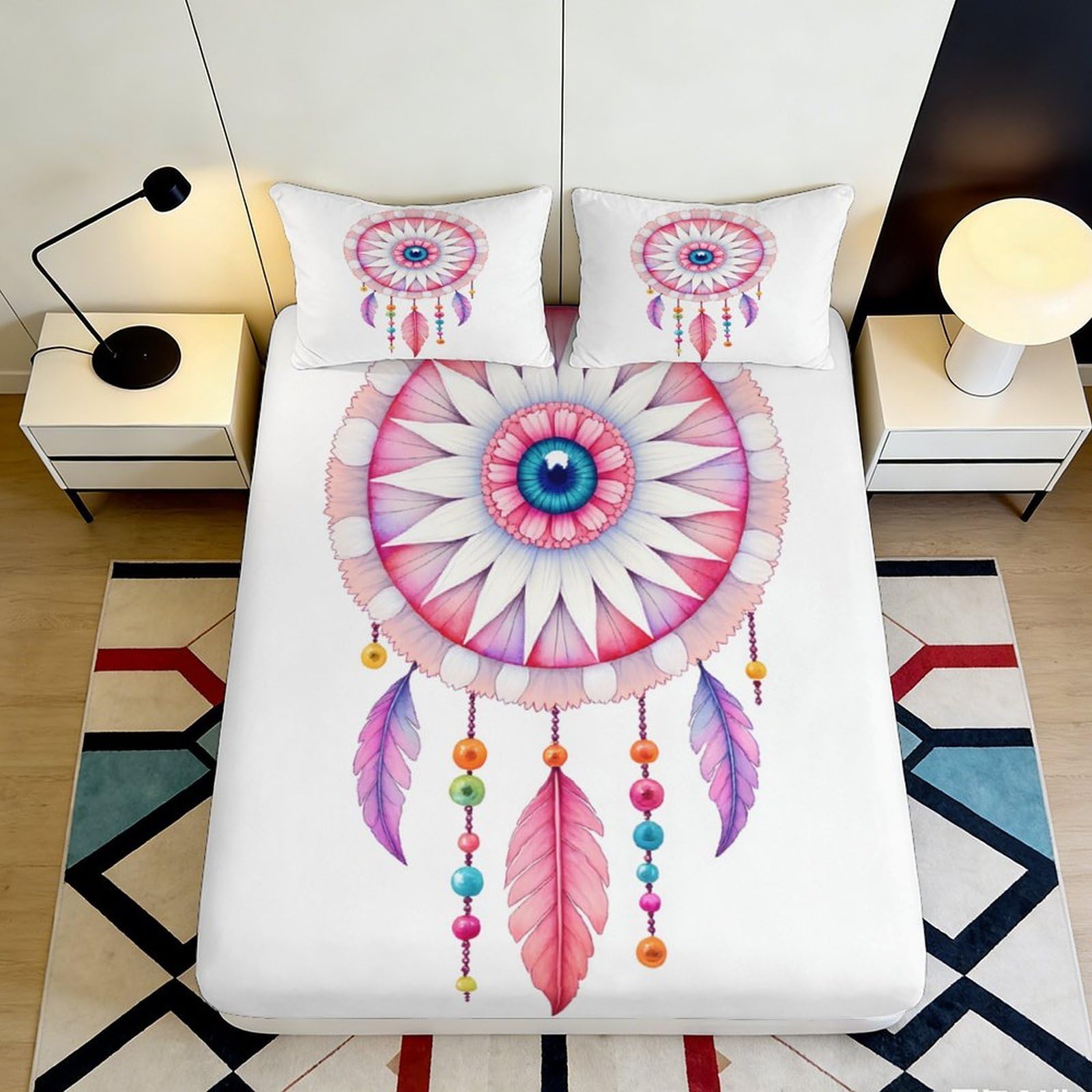 Jqzkxnhpbr Style-2 3D Printed Dreamcatcher Fitted Sheet Microfiber Soft Feather Pattern Bed Sheet Anti-Slip Bed Cover For Bedroom Guest Room Decor 90X200x25cm