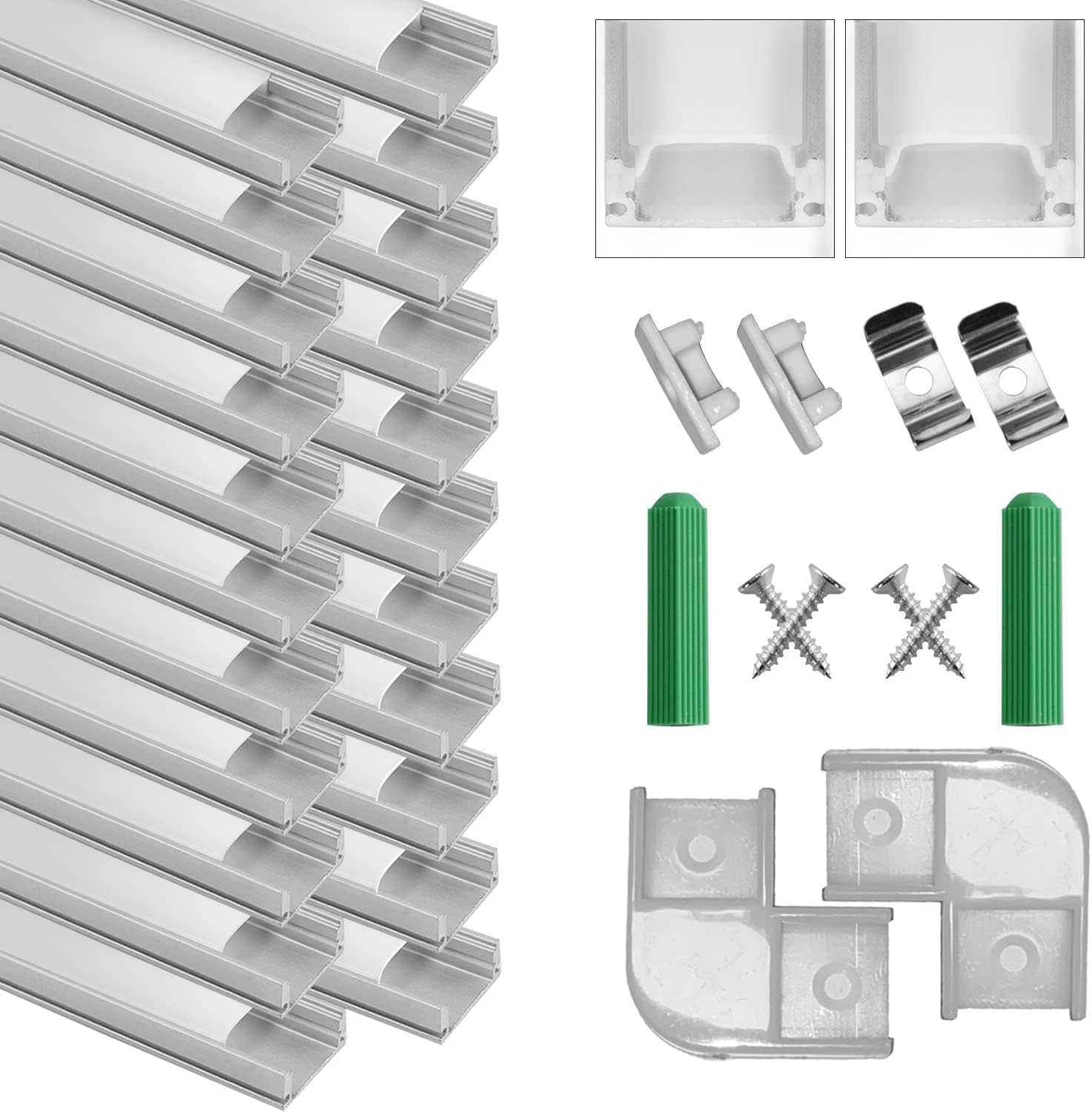 SENXINGYAN Perfil de Aluminio, 20 Pack 1M/3,3ft U Forma, Cubierta de Difusor Blanco Lechoso, Los Casquillos de Extremo y los Clips de Montaje del Metal, Canal de Aluminio para tiras LED, Plata