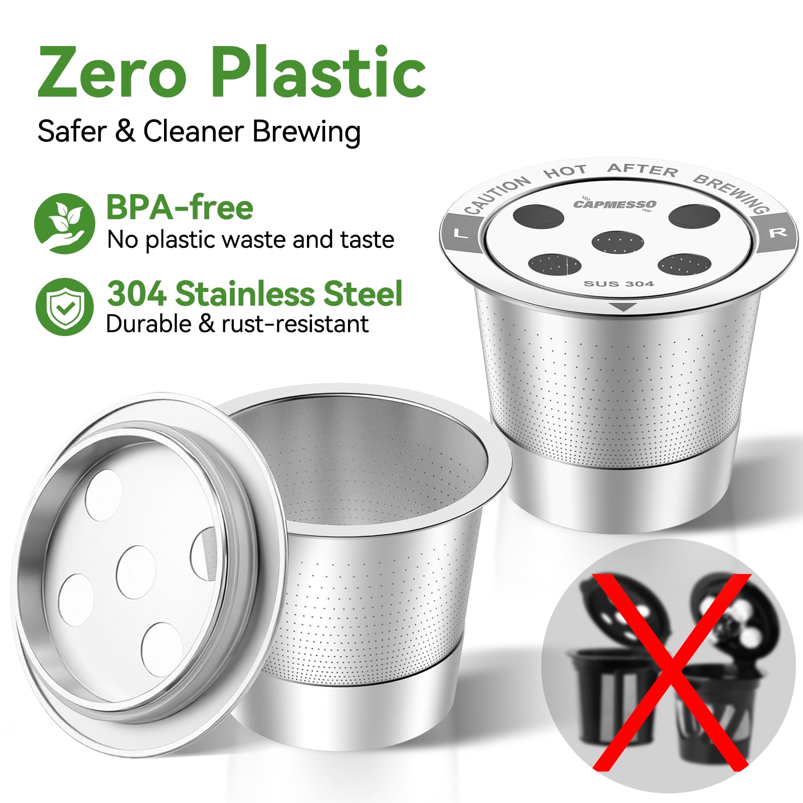 CAPMESSO Reusable K Cups for Keurig: 2026 All Stainless Steel Refillable Coffee Pods Metal Coffee Filters with 5 Holes & Scoop - for K Supreme/K Slim/K-Duo 2/K-Brew Chill MultiStream Maker (2 Pack) — view 3
