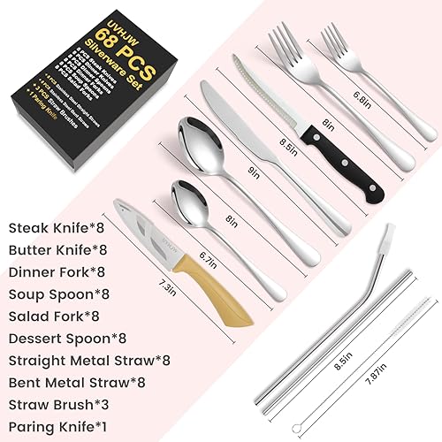 Miniatura 2 de Juego de cubiertos de 68 piezas con cuchillos para carne, cubiertos de acero inoxidable para 8, cuchillos, cucharas, tenedores, juego de utensilios
