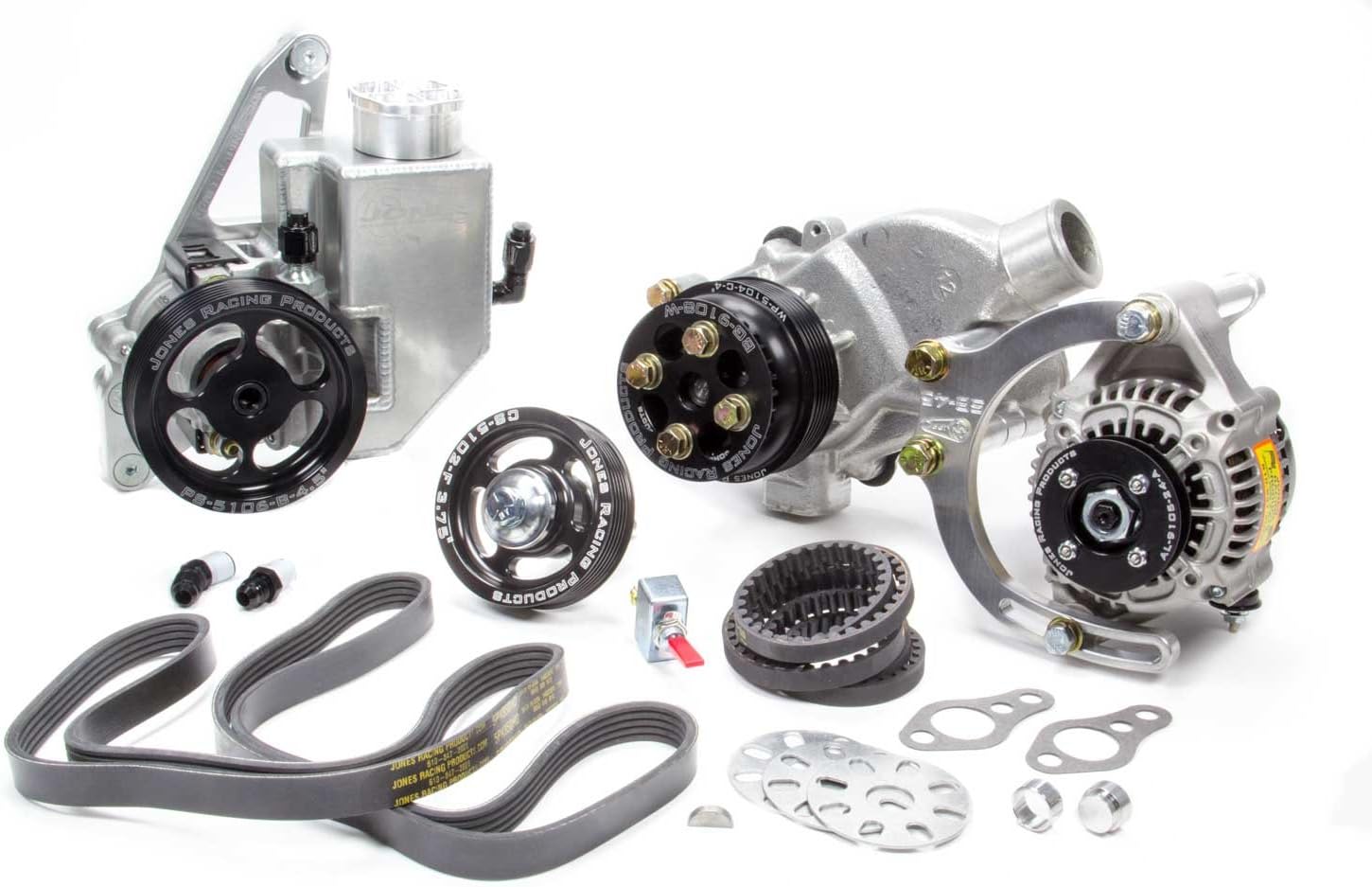 Jones Racing Products Pulley Kit, 6 Rib/HTD Serpentine, Aluminum, Black Anodized, Small Block Chevy, Kit