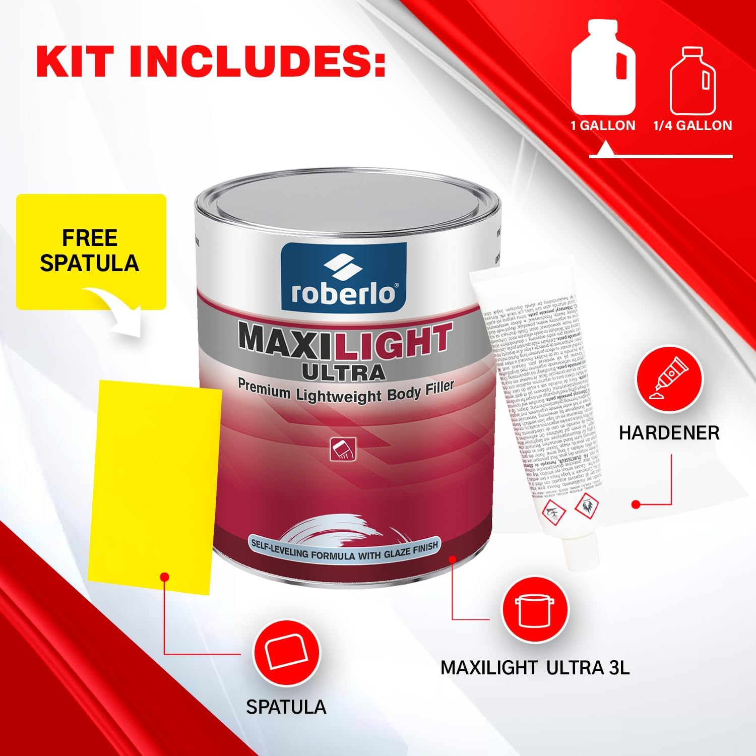Maxilight Ultra Body Filler Kit – Advanced Scratch, Dent & Rust Repair – Lightweight Car Putty for Steel, Aluminum, Fiberglass – Versatile Auto Body Filler for Seamless Finishing