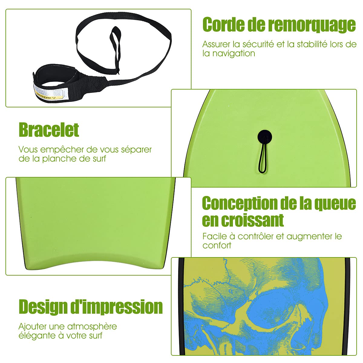 GYMAX Planche de Surf en XPE et HDPE Robuste, Charge Max 85 kg | Bodyboard Vert pour Plus de 14 Ans, 105×51×6 cm, Sangle de 90 cm et Motif de Crâne