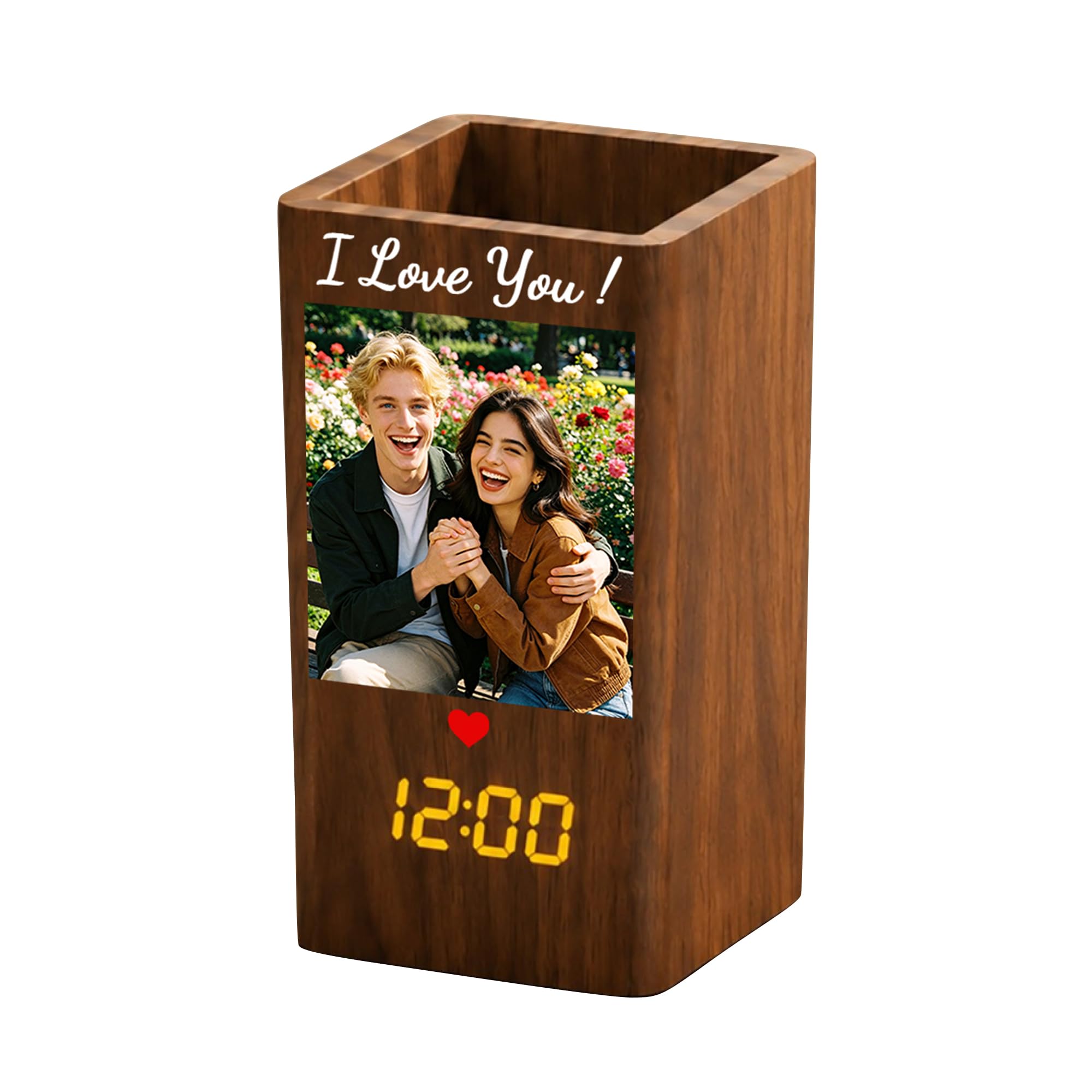 BFHEFGSUU Personalised Photo Pencil Pot With Clock Funny Clock Pen Holder Desktop Decor Gift Dad Couple Family Father's Day Birthday Xmas (S 05)
