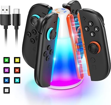 قاعدة شحن وحدة التحكم لجهاز Nintendo Switch 2 2025 لجهاز Joycon 2، محطة شحن سريعة مغناطيسية ثنائية الاتجاه 4 في 1 مع 10 أوضاع إضاءة RGB لملحقات Switch 2