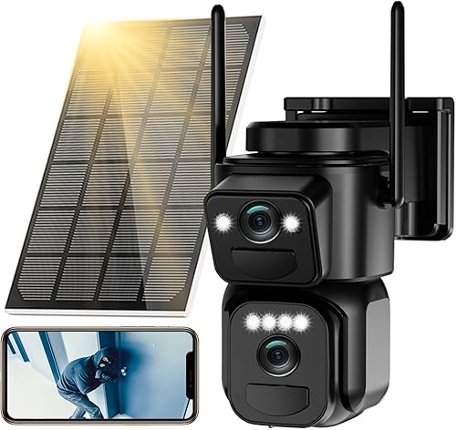 BEENOCAM Cámara de seguridad solar 4K de doble lente inalámbrica para exteriores, WiFi de 0.08 oz y 0.18 oz, cámara giratoria PTZ de 360 y cámara