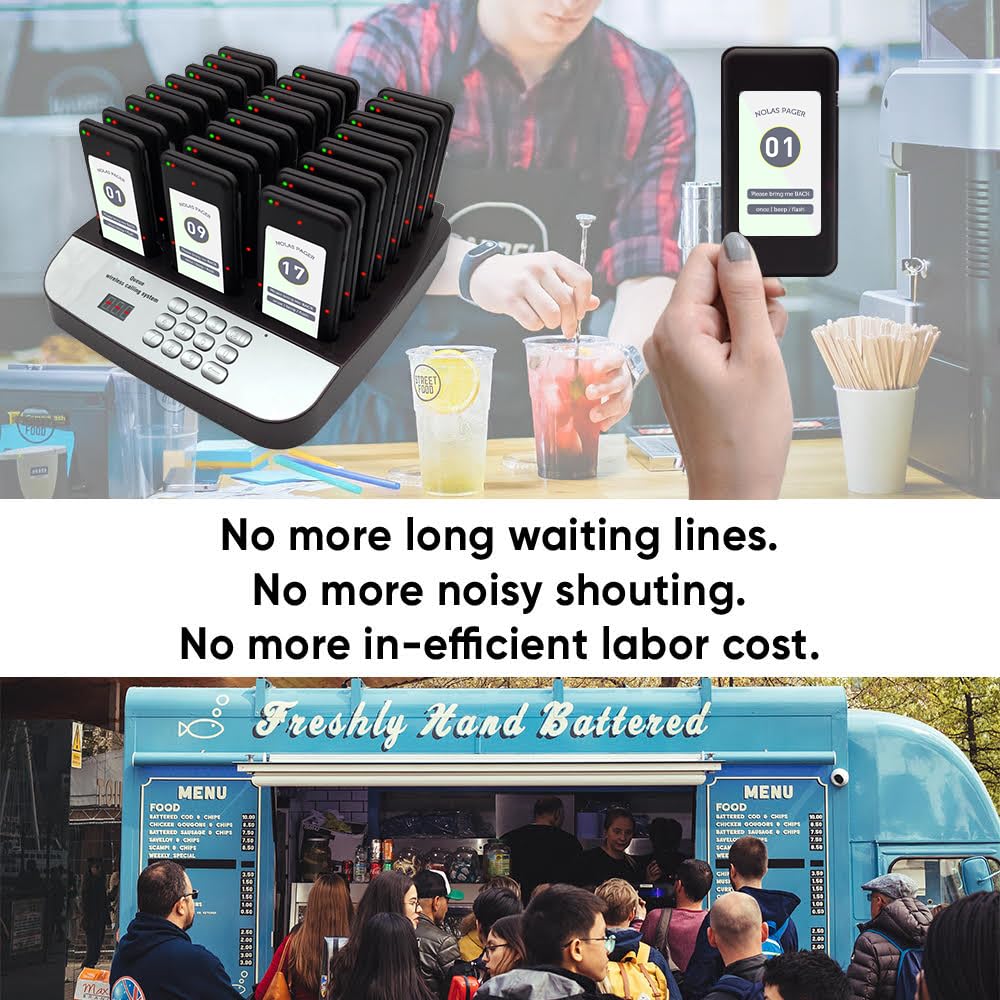 NOLAS Restaurant Buzzer System, Restaurant Waiting Pager, Set with Vibration, Flashing and Buzzer, Guest Pagers for Food Truck, Church Nursery, Hospital Clinic, Pagers for Restaurants (216)