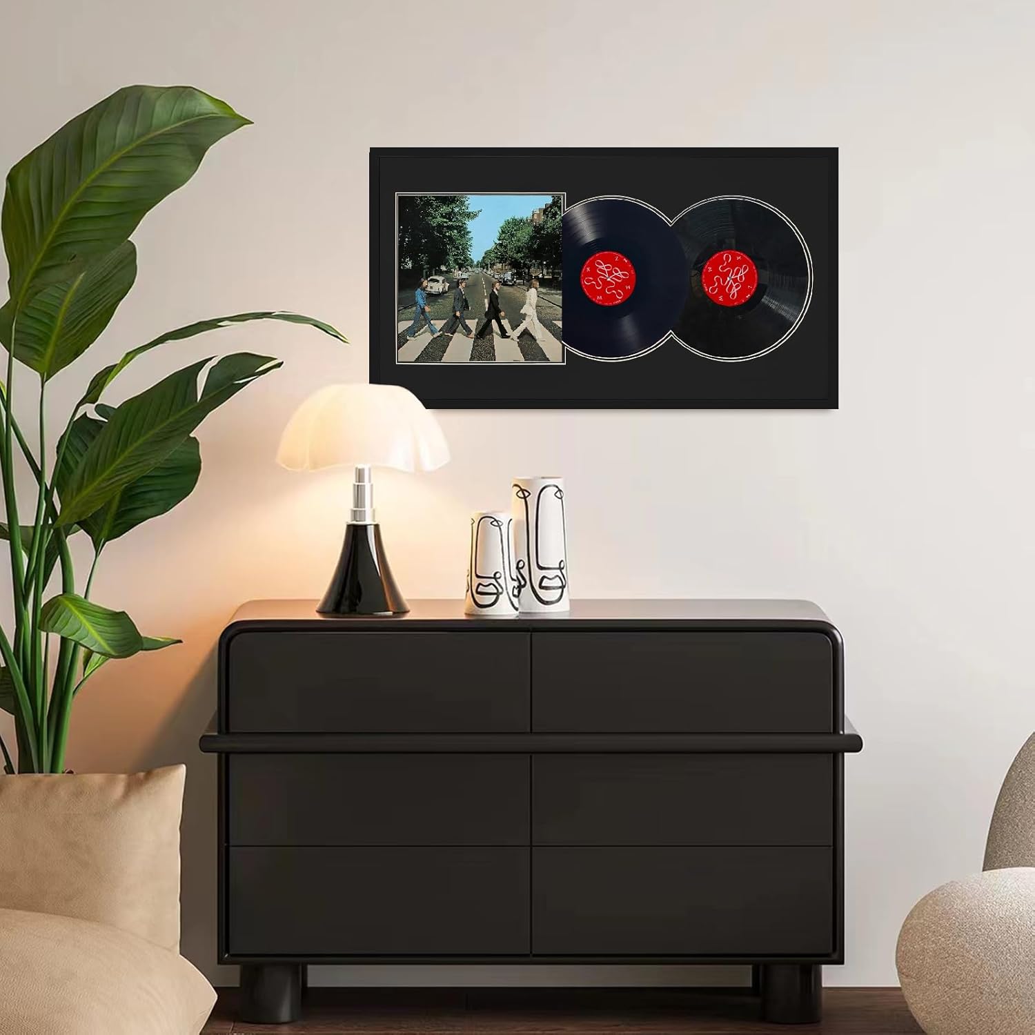 Double Vinyl Record Frame, Displays Two 12" LP Records & One Album Cover, Wall Mountable Music Collectors Home Decor (Black, Records not Included)