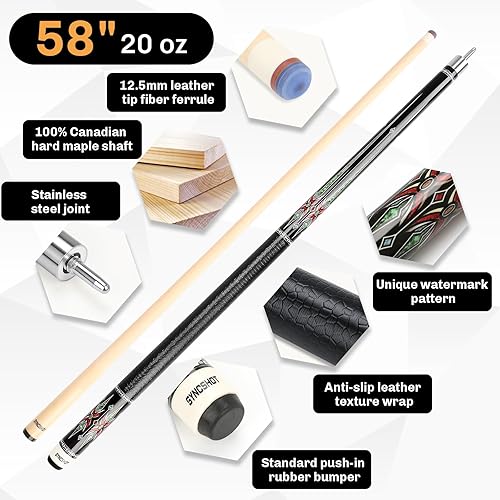 Miniatura 2 de Taco de piscina profesional con estuche rígido, taco de billar de arce canadiense de 58 pulgadas y punta arcoíris multicapa de 0.492 in, juego de