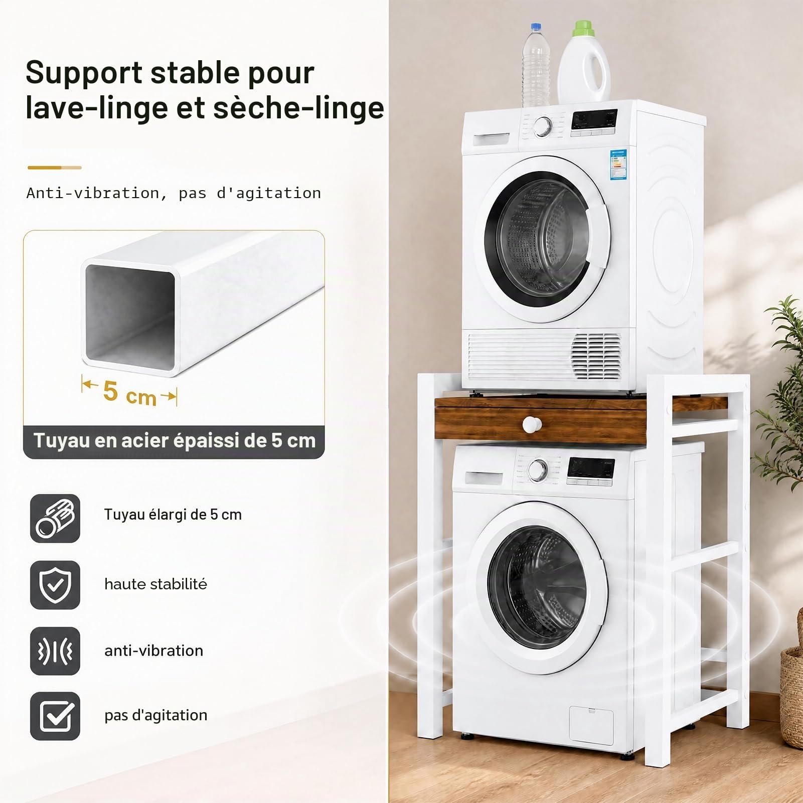 Meuble Machine à Laver, Meuble Lave Linge Seche Linge Superposé, Etagere Machine a Laver, Sans perçage, réglable en Hauteur, Armoire en Bois et MéTal, Capacité de Charge de 350 Kg (Blanc-Étagère)