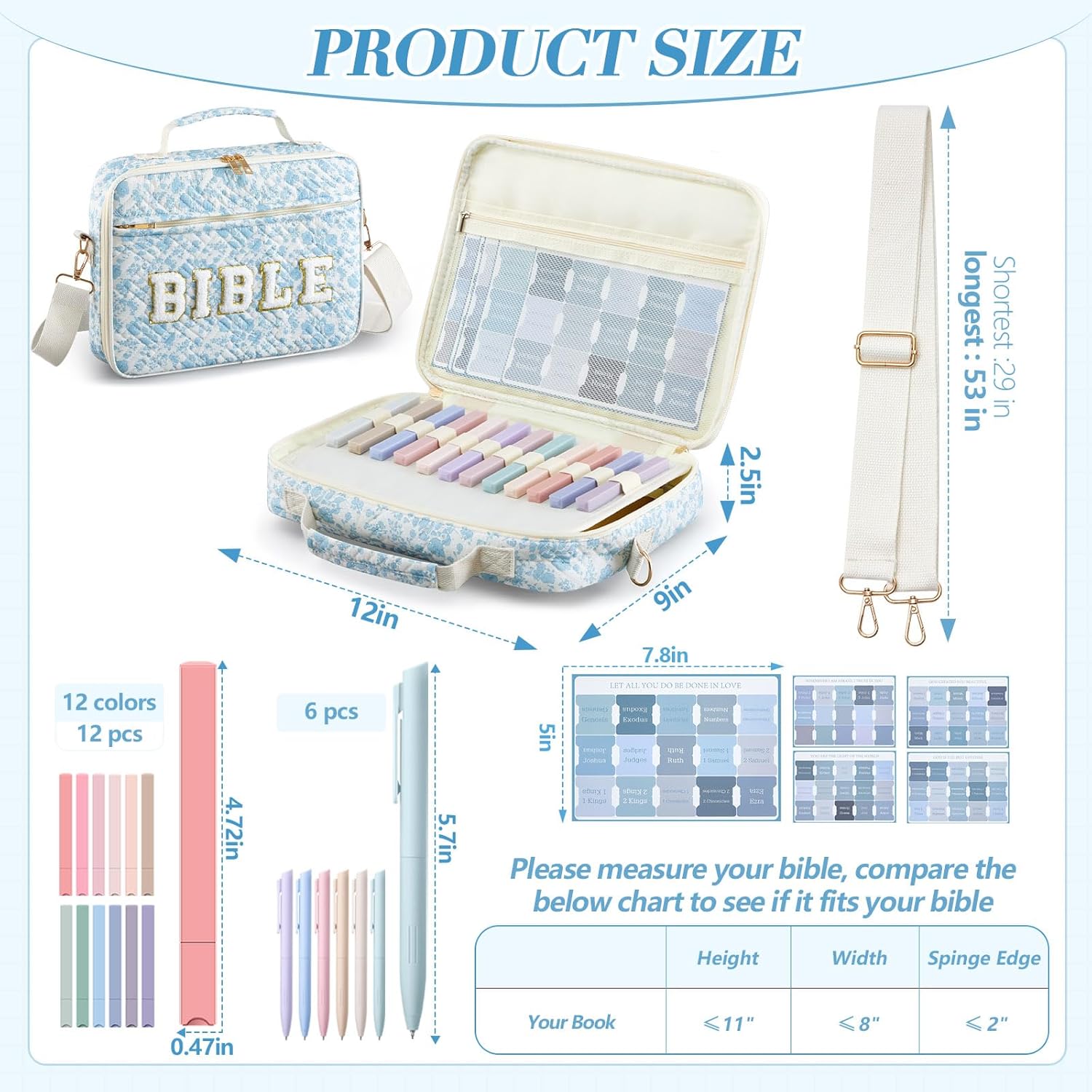 Sinload Quilted Bible Cover Case for Women 12 x 9 x 2.5 Inch Bible Chenille Letter Bag with Shoulder Strap Carrying Tabs 6 Colored Pens 12 Highlighters Christian Church Study Gifts(Blue,Floral)