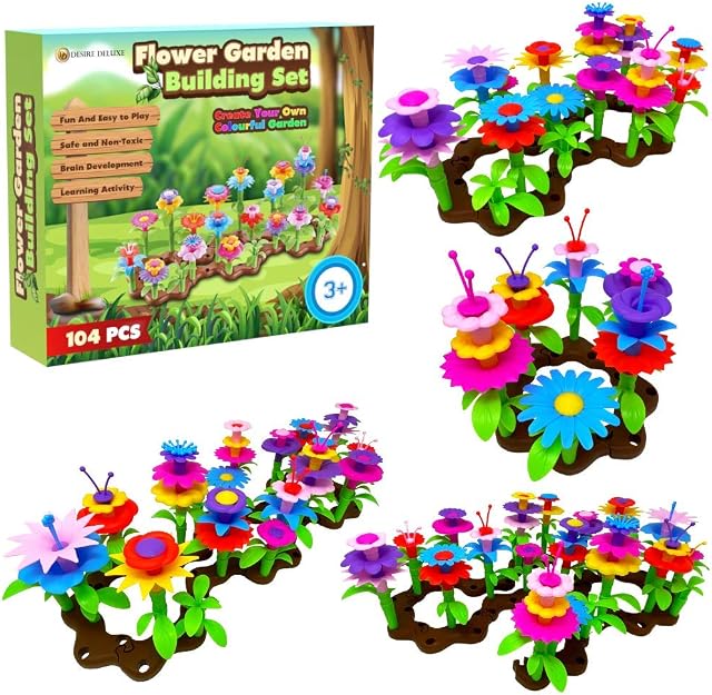 Desire Deluxe Girls Toys for 3 Year Old Girl Flower Garden Toy Building Blocks Set for Baby, Children - Indoor & Outdoor Floral Arrangement for Kids 104pc