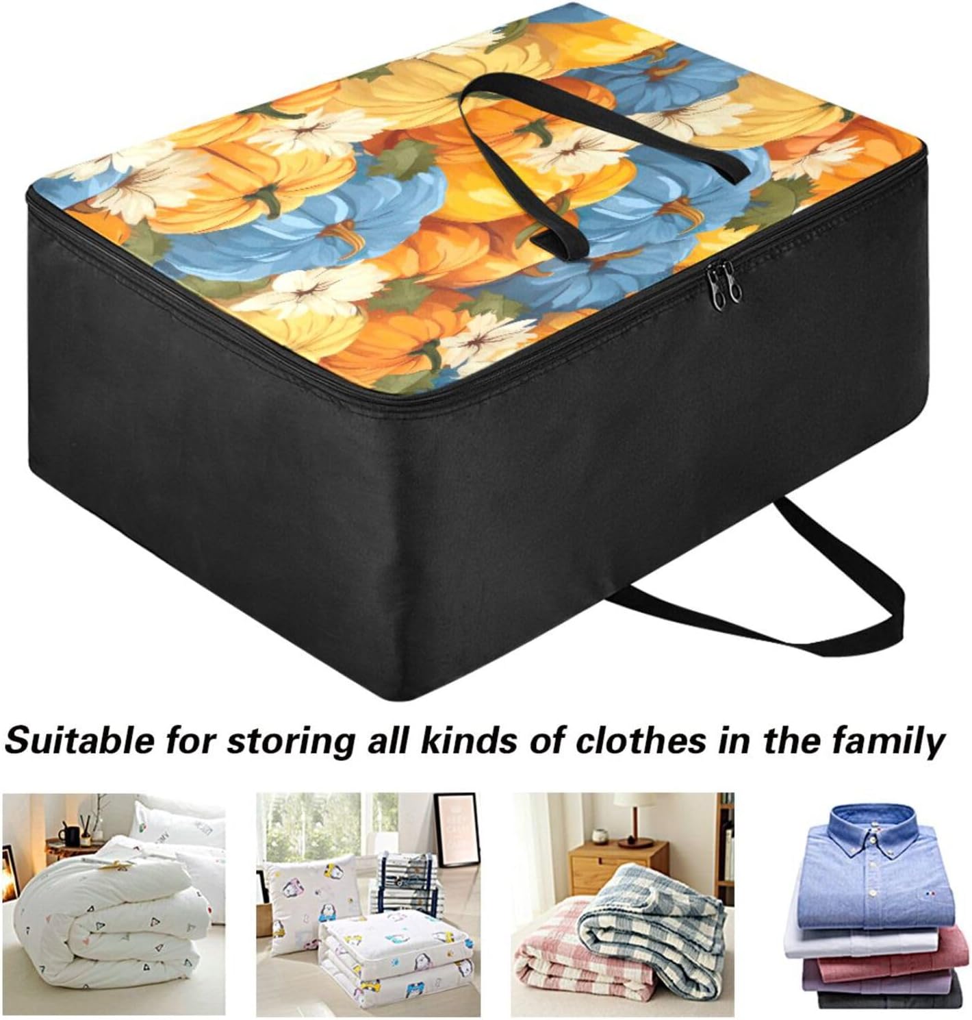 Under Bed Clothes Storage Bag - Fall Pumpkins Blue White Blanket Large Bedding Storage Bags with Zipper Comforter Storage Bags 27.6x19.7x11inch