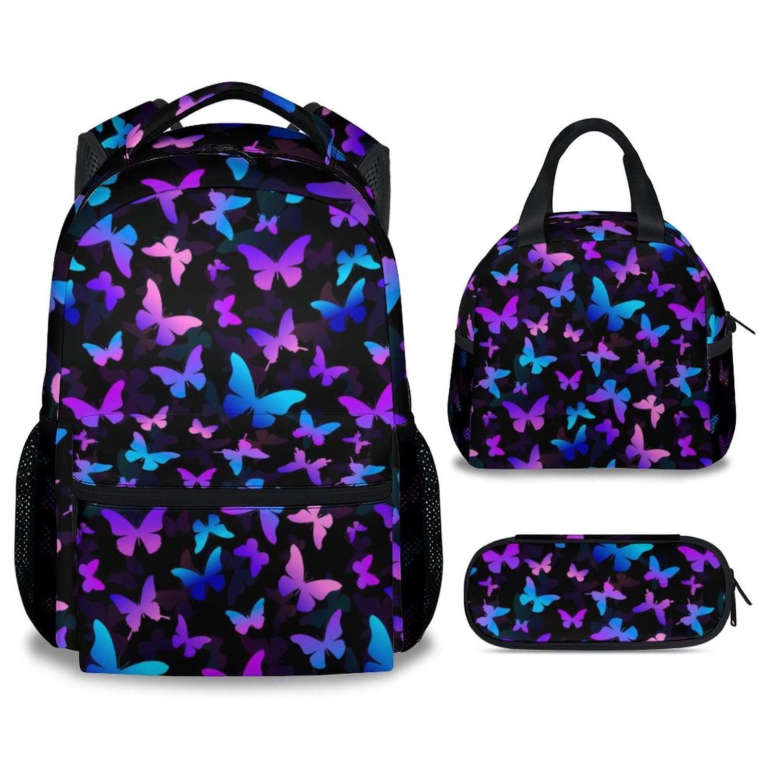 GIHSWE Butterfly Backpack with Lunch Box, Set of 3 School Backpacks Matching Combo, Cute Lightweight Bookbag and Pencil Case Bundle