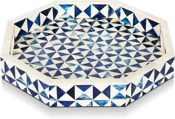 Handicrafts Home 12 Ory Octagon Bone Inlay Tray Blue White Decorative Tray Coffee Table Ottoman Serving Tray Handmade Centerpiece for Living Room Dining Display