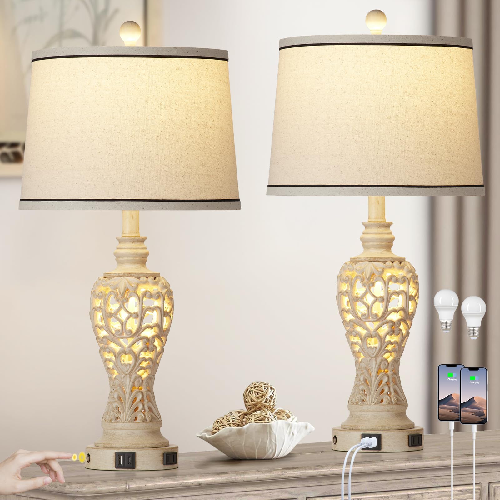 Rinweey Farmhouse Table Lamps Set of 2 with Nightlight, 3 Way Touch