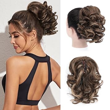 Ponytail Extension, 9 Inch Loose Short Curly Pony Tails Hair Extensions, Wavy Ponytail Hairpieces for Women Light Brown Mixed Blonde