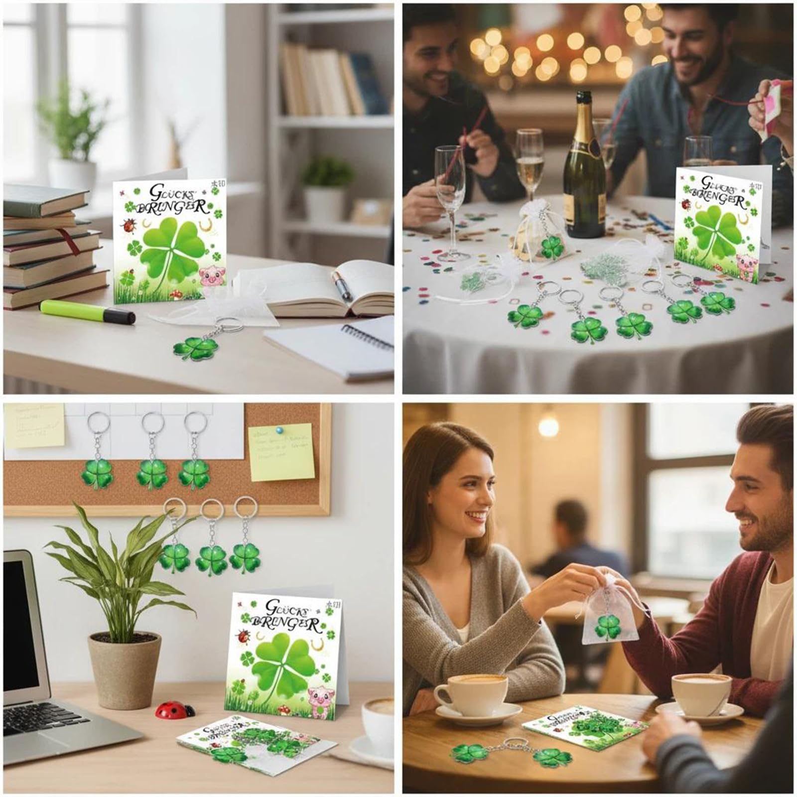 OuMaiFeng 24 Stück Acryl Kleeblatt Glücksbringer Schlüsselanhänger Set,Abschiedsgeschenk Schüler,Abschiedsgeschenk Kollegen,Grußkarte und Organzabeutel,Party Mitgebsel,Geschenke für Freunde Familie