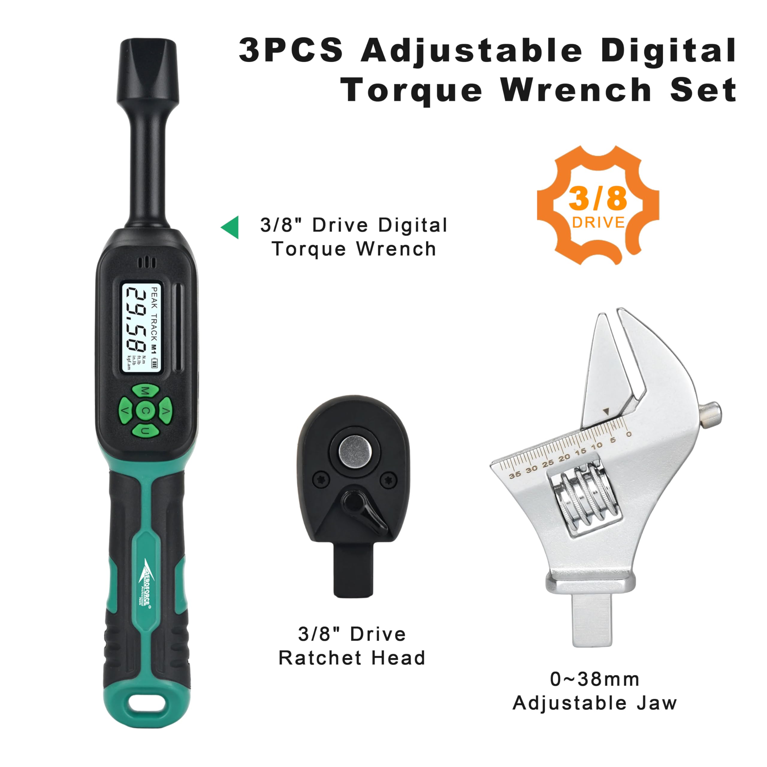 AEROFORCE - Llave dinamométrica digital de 3/8 pulgadas, llave dinamométrica eléctrica de 6.8-135 Nm con extremo abierto de 38 mm, mandíbula intercambiable y cabeza de trinquete, para HVAC, automoción