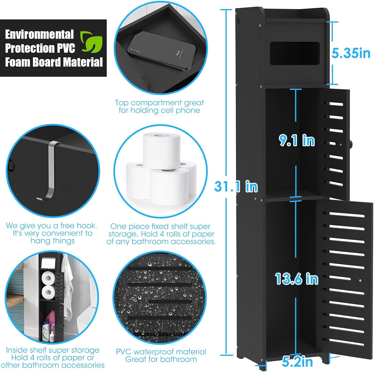 WODETREE Upgrade 9mm Thickness Small Bathroom Storage Cabinet with 2 Doors and 2 Shelves, W5.9 x D6.2 x H31.5 Bathroom Organizer, 4 Tier Design Toilet Paper Storage for Small Space and Corner(Black)