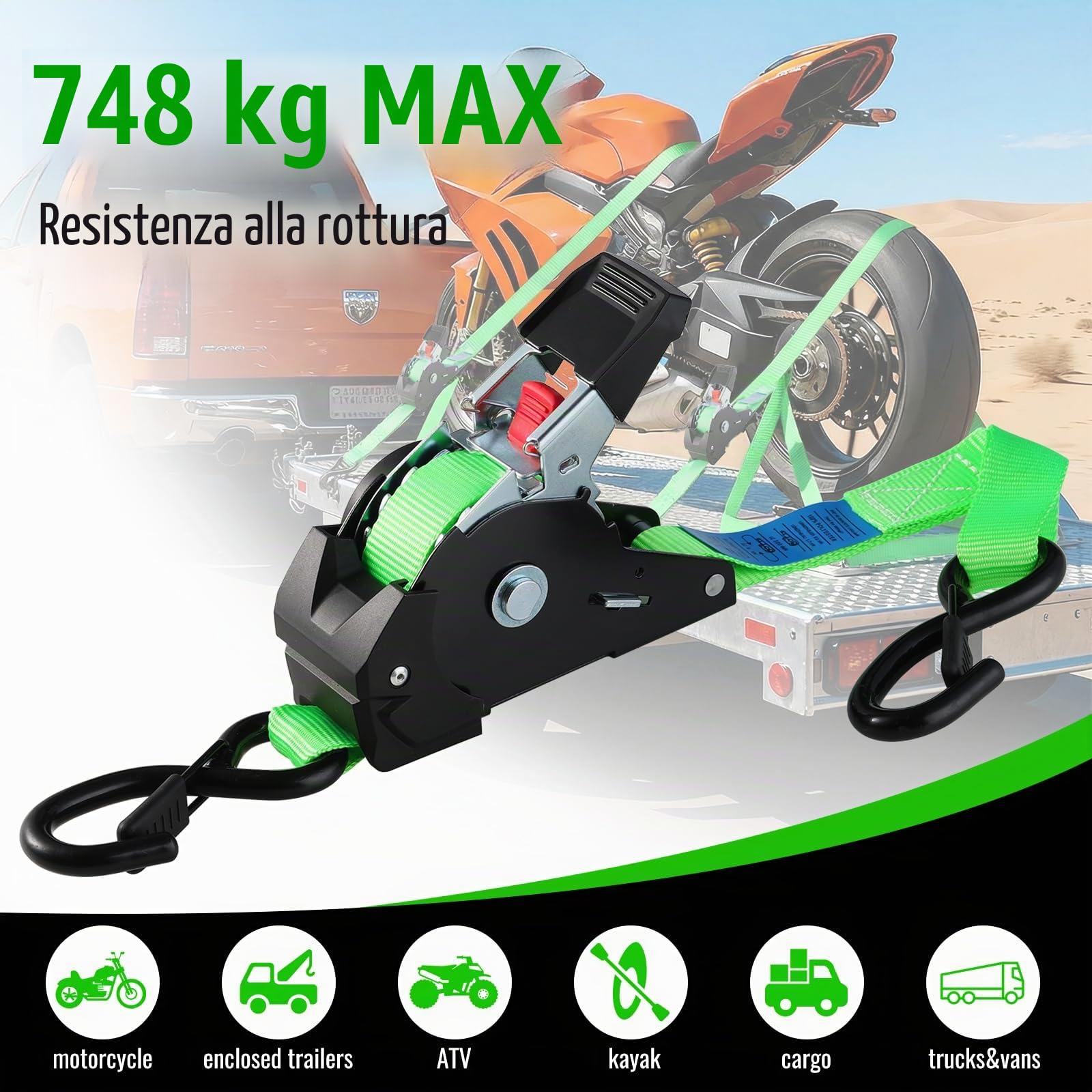 TLGREEN Cinghie di ancoraggio automatiche 4 pezzi, 3 m x 25mm, Cinghie di tensione autoavvolgenti con ganci a S, resistenza alla rottura 748kg, cinghie di fissaggio per camion, rimorchi, moto