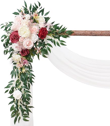 Miniatura 2 de Kit de flores artificiales para arco de boda, 2 arreglos florales con temática de rosa polvoriento y borgoña, 1 cortina de tela blanca, para ramos