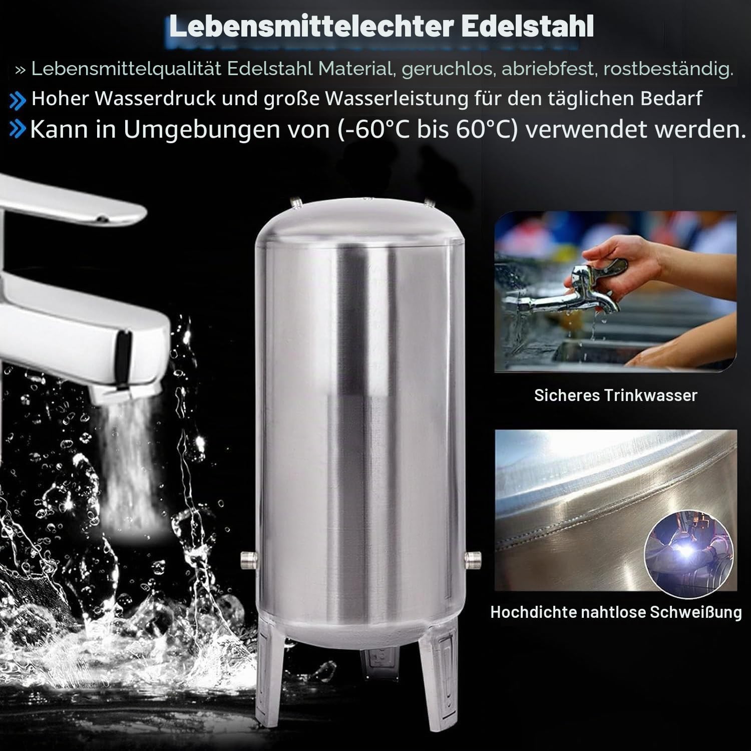 Druckbehälter Druckkessel 60 100 160 200 250 300 L Wasserspeicher Drucktank 220v, Edelstahl Hohe Vordruckbehälter Tragbar, Druckspeicher,250L/66Gal-50x135cm