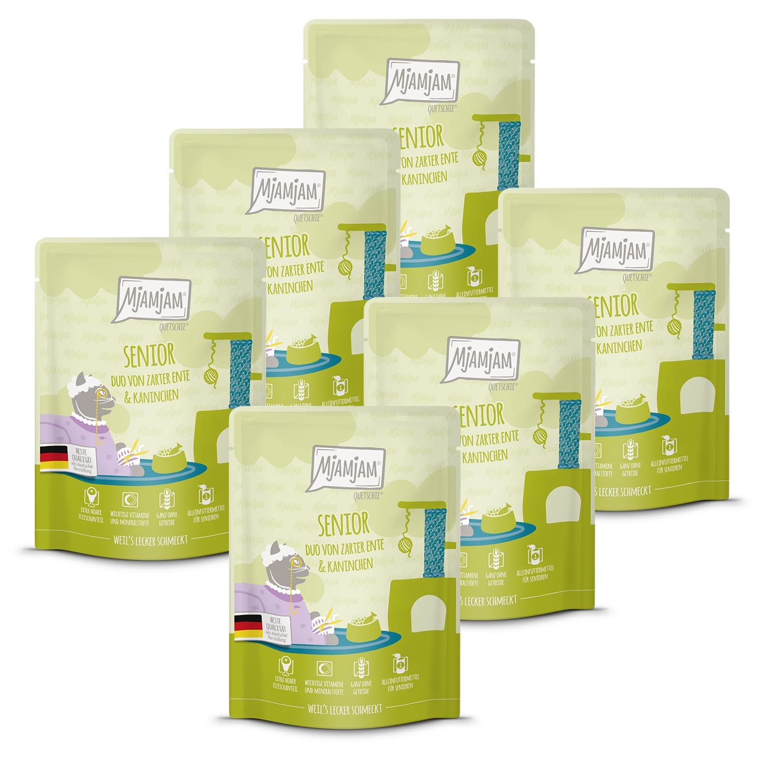 MjAMjAM - Premium Nassfutter für Katzen - Quetschie - Senior - DUO von zarter Ente & Kaninchen, 6er Pack (6x300g), getreidefrei