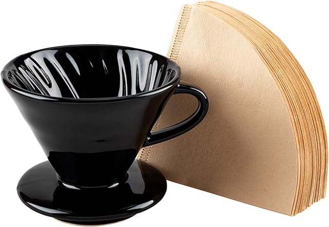 Roponan V60 Ceramic Pour Over Coffee Dripper, Porcelain Cone Filter with 80 Paper Filters for Home, Cafe, Restaurants (Black)