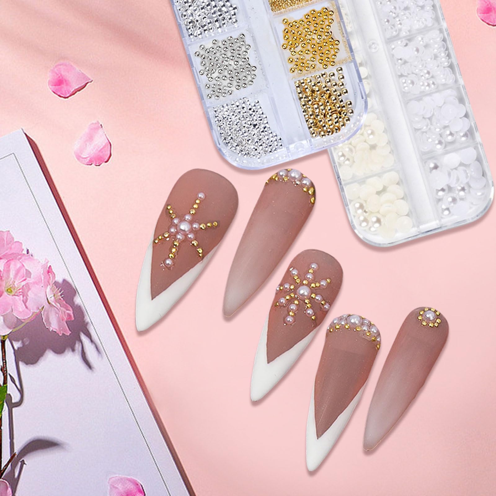 2-teiliges Nail Art Perlen Set – Kaviarperlen In Gold/Silber & Beige/Weiß, In 6 Größen, Mit Pinzette & Applikator