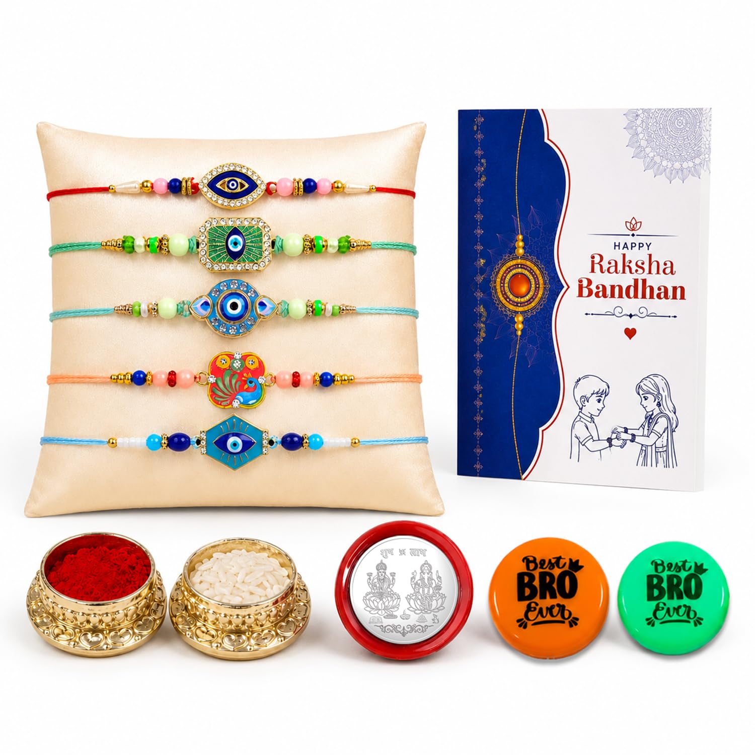 Oblivion Rakhi Set for Brother (Set of 5) – Designer Stylish Colorful Rakhi Combo with Silver Color Pooja Coin, Roli Chawal, Multicolour Magnets & Greeting Card – Raksha Bandhan Gift Hamper for Bhai